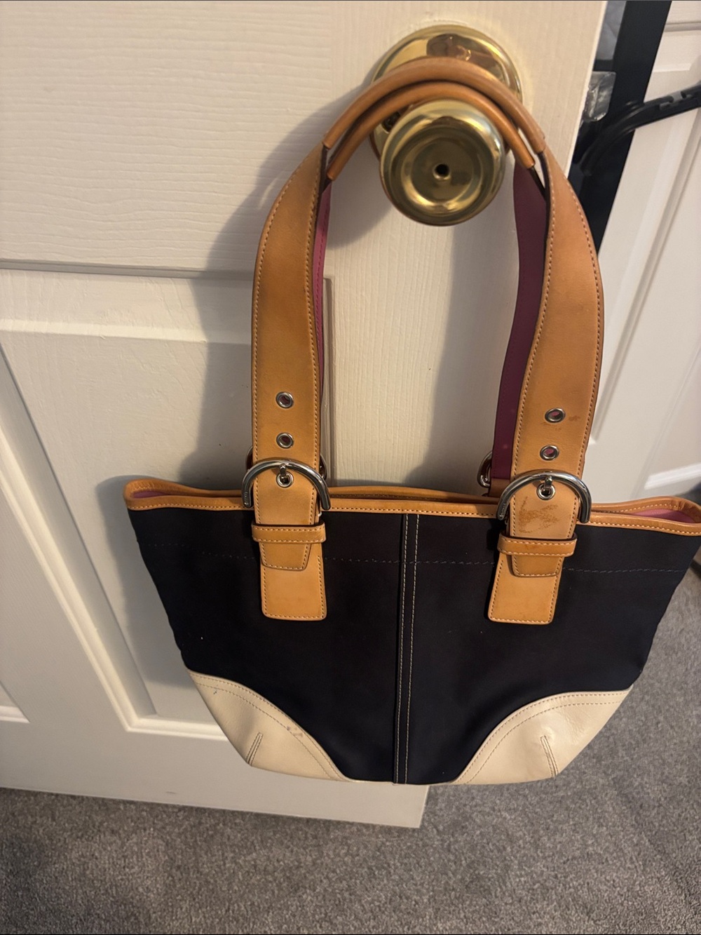 Y2K Hampton bag  navy Canvas Tote with Tan Leather Trim and pink interior.